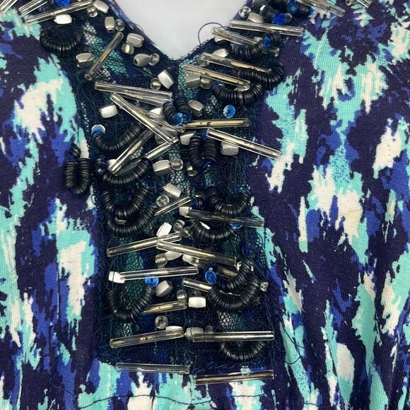 Cabana Life Small Blue Print Beaded Drawstring Batwing Sleeve Swim Coverup Beach - Picture 3 of 10